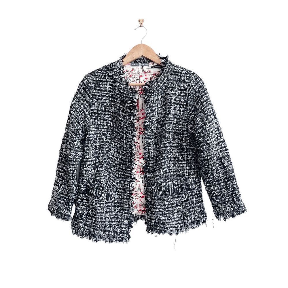 AVON Signature Collection Womens Tweed Jacket Open Front Fringe Hem Black Small